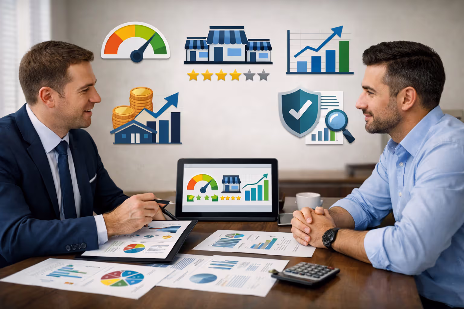 Loan officer and business owner discussing business loan evaluation criteria