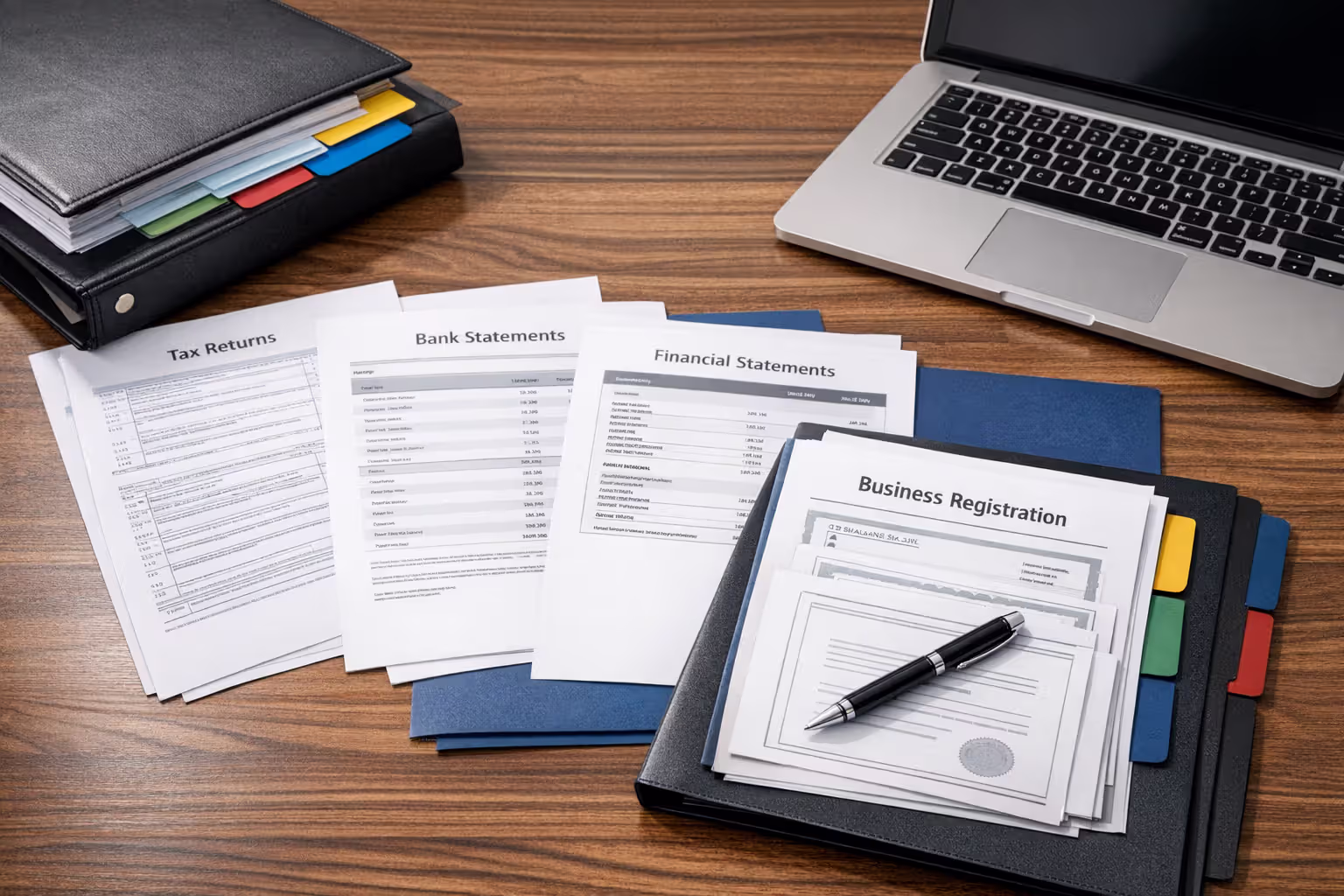 Business loan application documents organized on desk