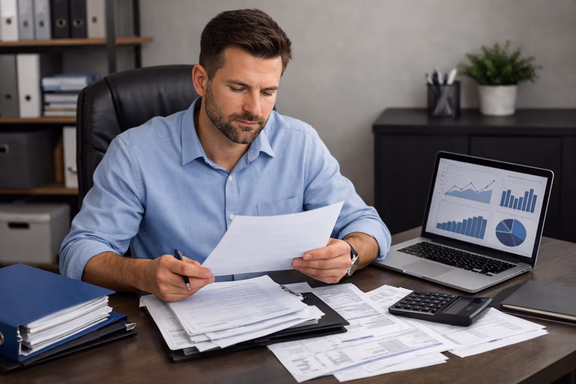 Small business owner reviewing loan application documents at office desk