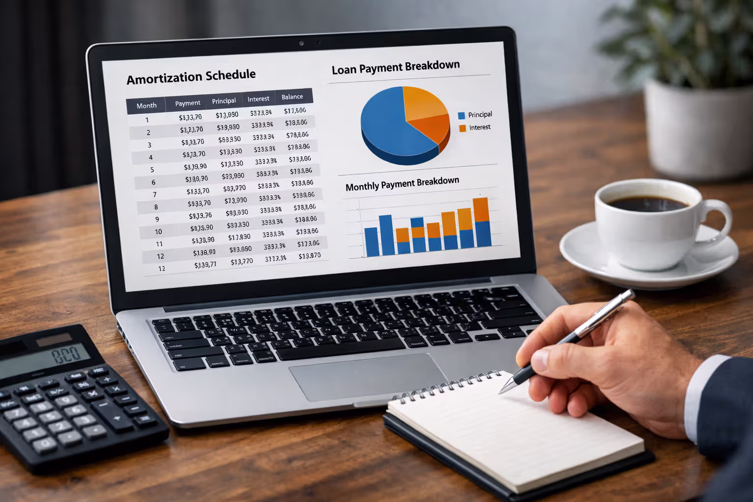 Loan amortization schedule on a laptop for business term loan planning