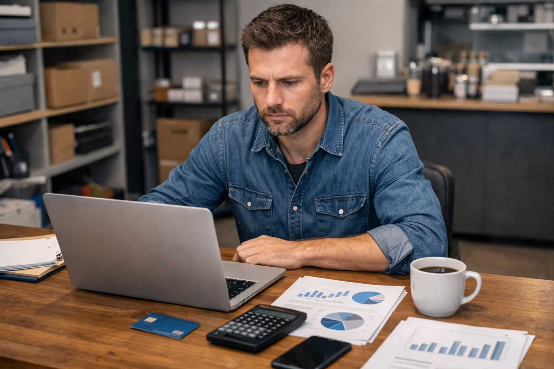 Small business owner reviewing loan documents at desk