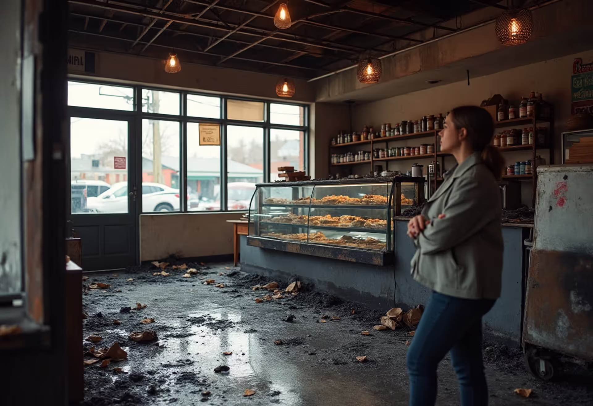 Small business owner inspecting wildfire damage at a destroyed bakery