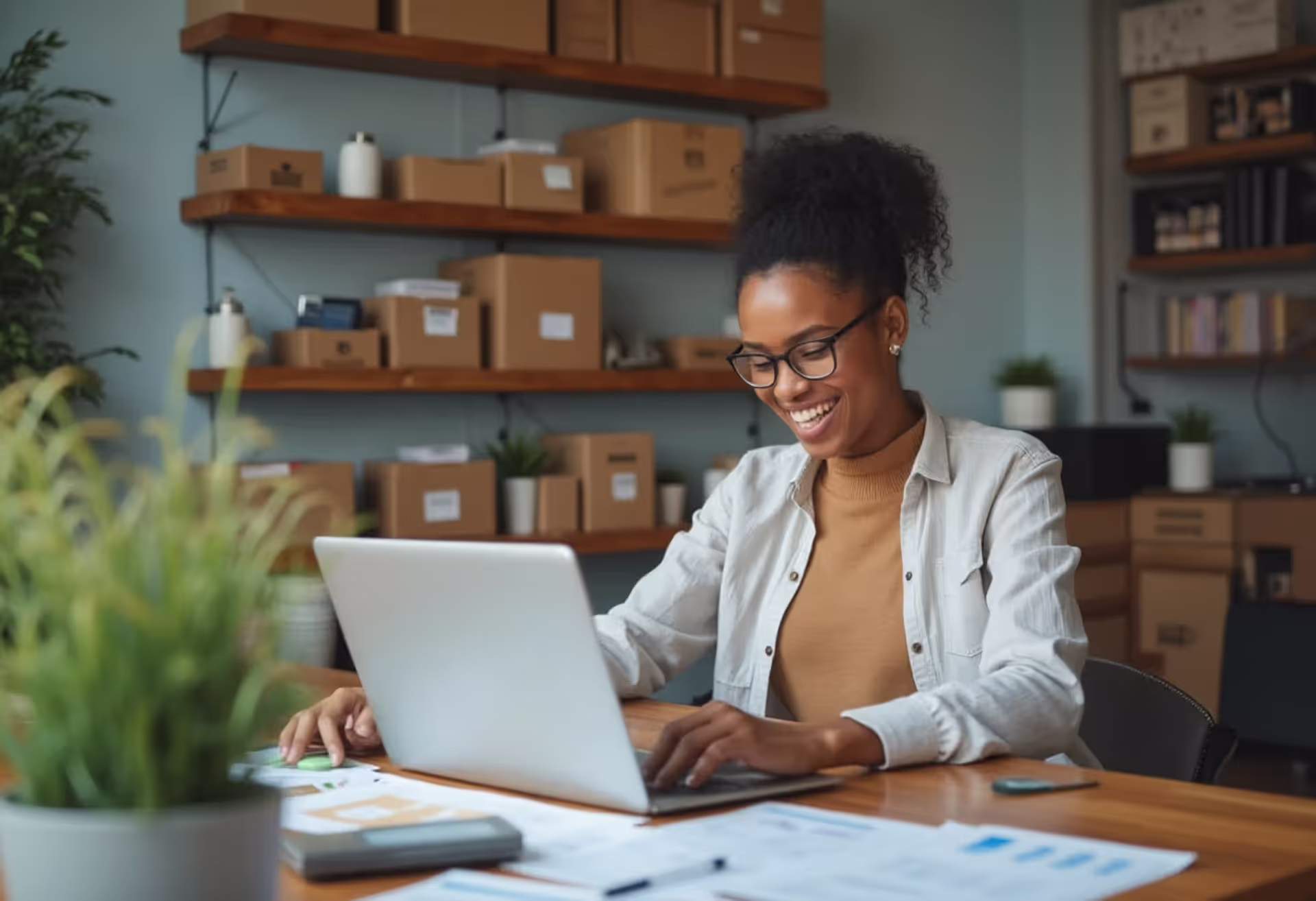 Small business owner reviewing cash flow and financing needs in a workspace