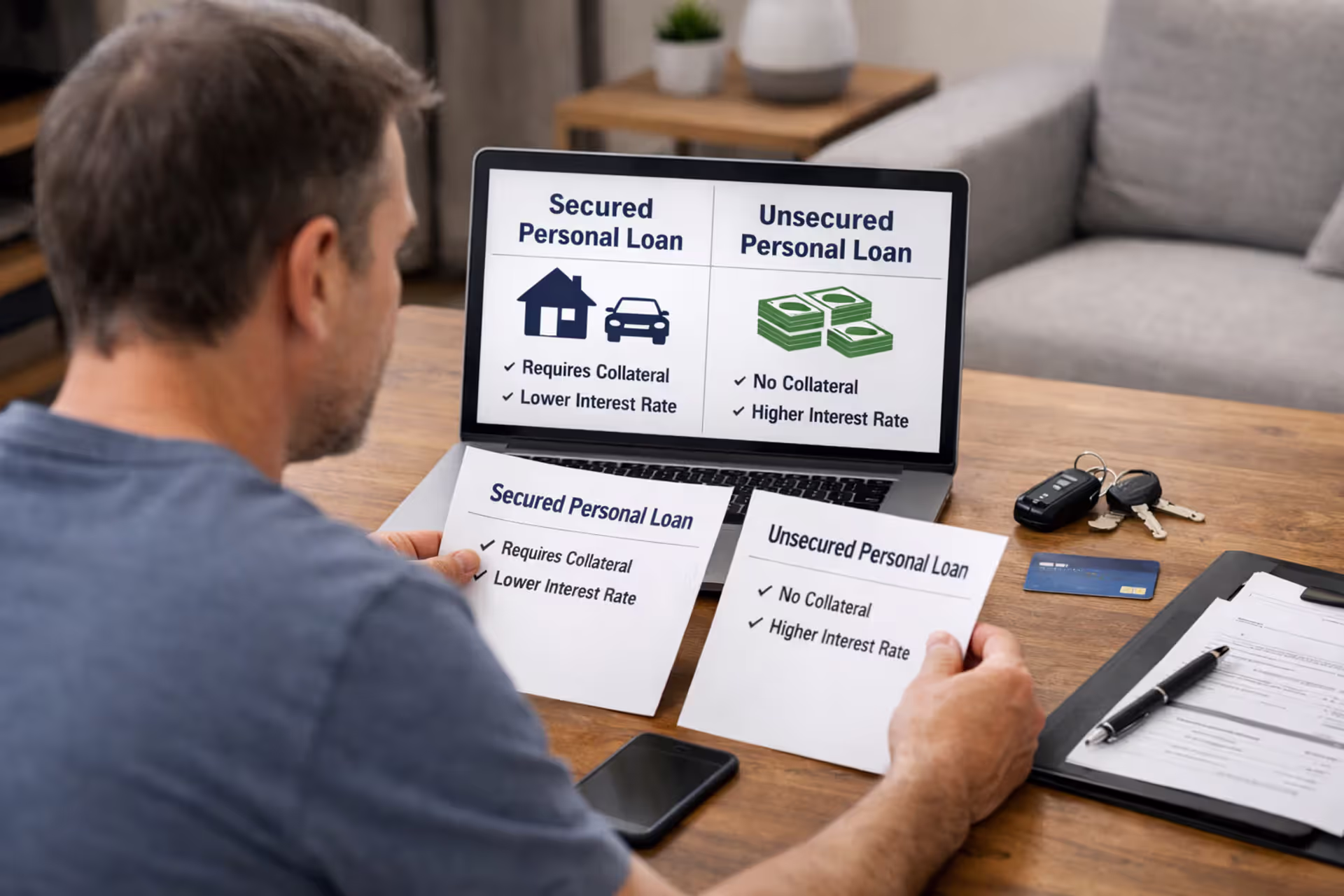 Person comparing secured and unsecured personal loan options at home