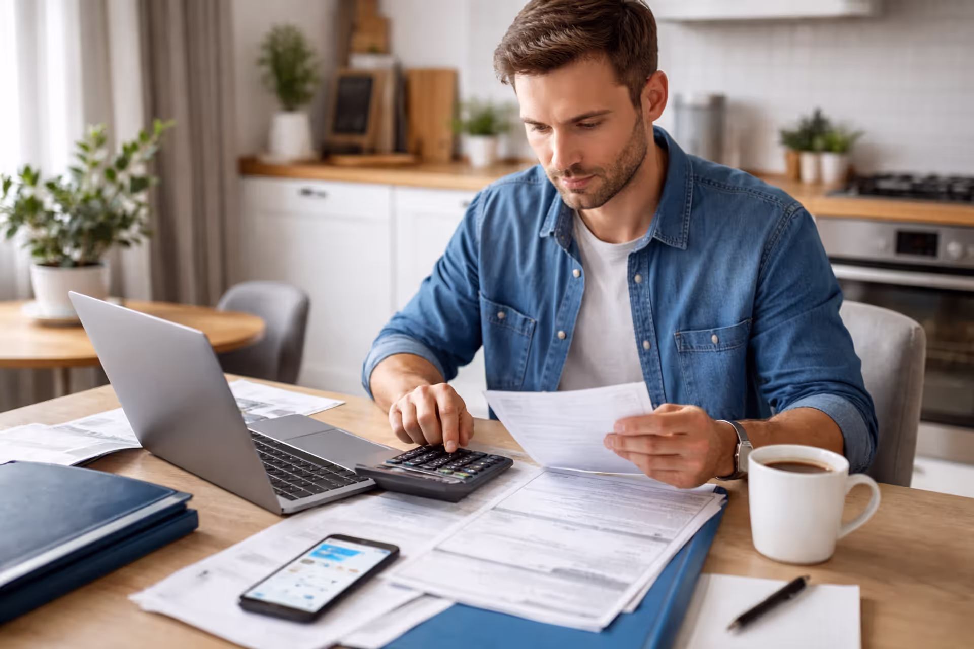 Person reviewing loan options at kitchen table with bills and laptop