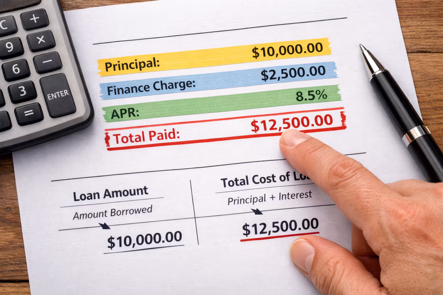 Person calculating total loan cost with calculator and payment schedule