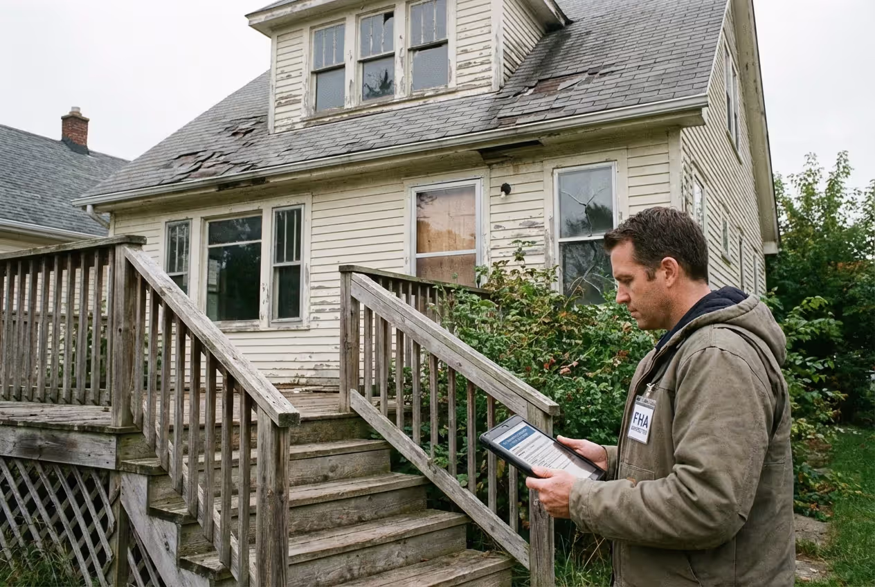 Home appraiser inspecting a property for safety and condition