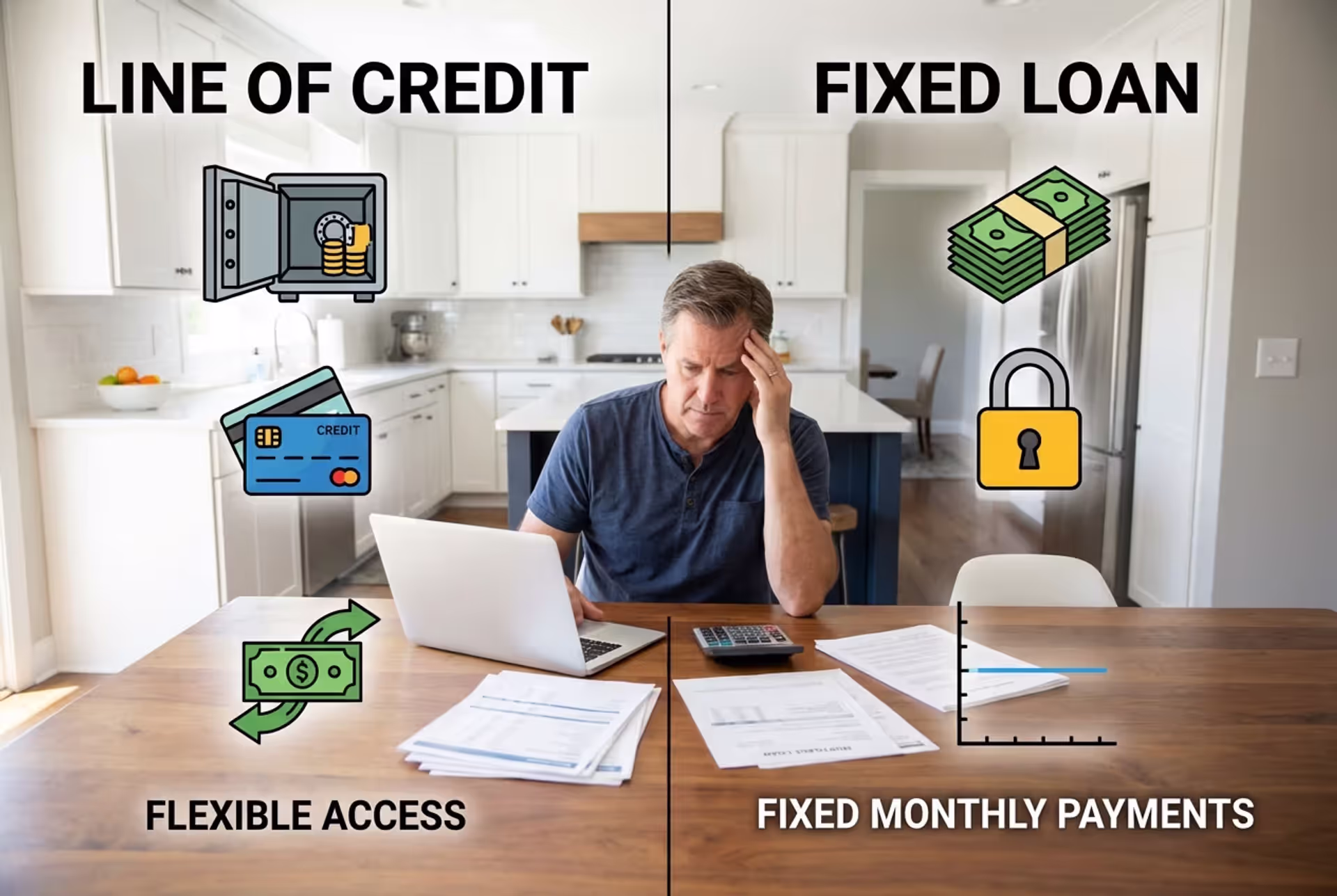 Homeowner comparing HELOC and home equity loan options at a kitchen table
