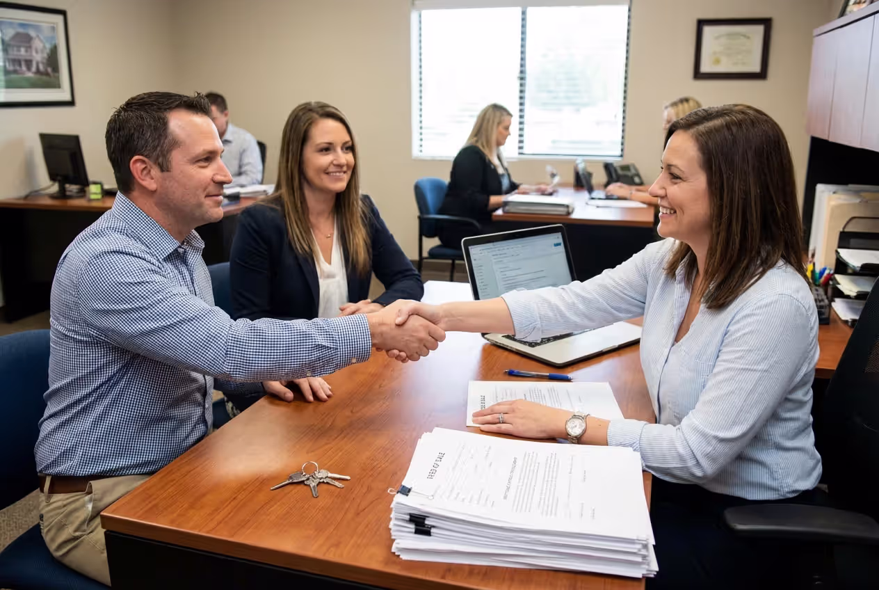 Home sale closing with keys and signed mortgage documents