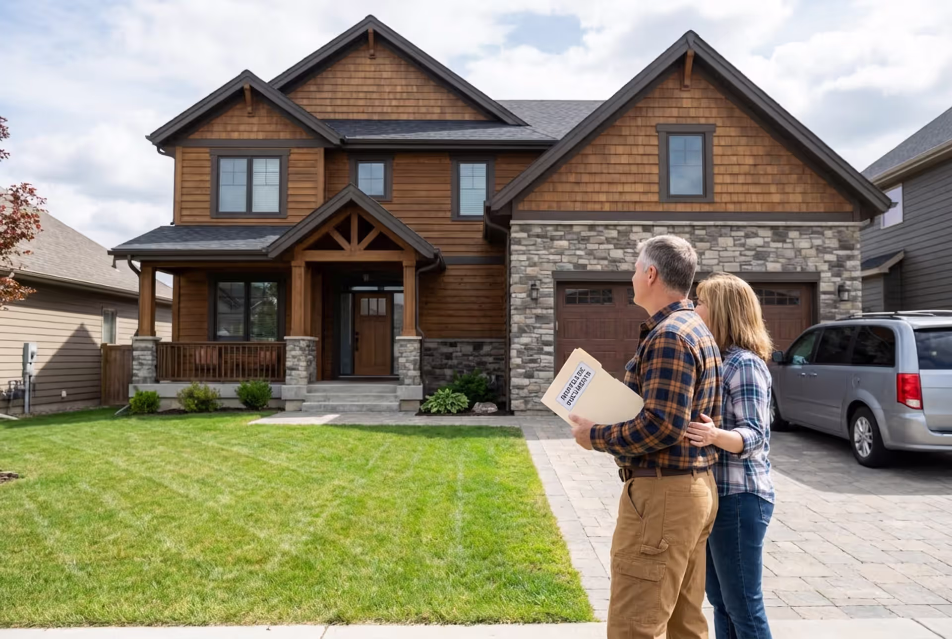 Veteran couple standing in front of a suburban home with mortgage documents