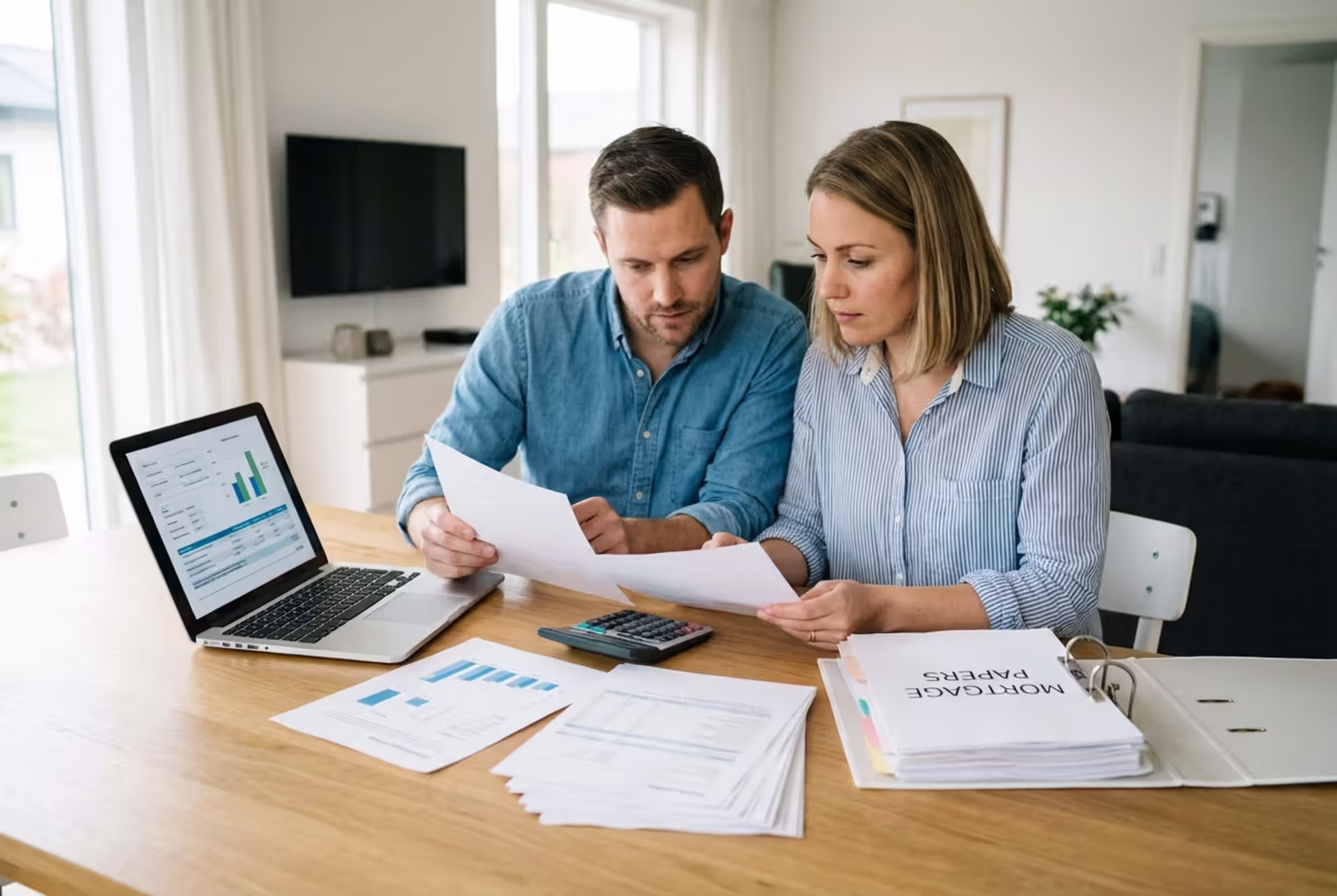 Couple reviewing mortgage documents at home with laptop and calculator