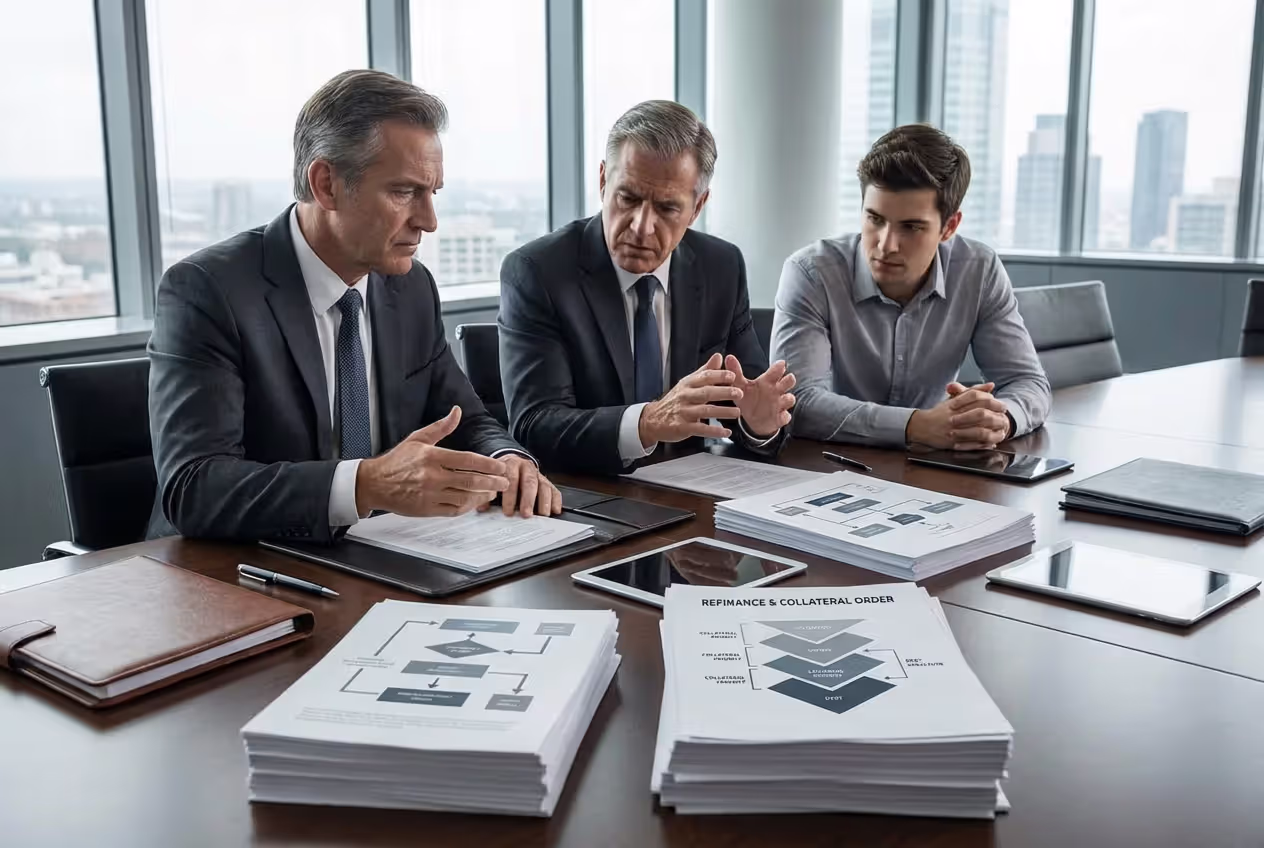 Borrower and lenders reviewing subordination agreement documents