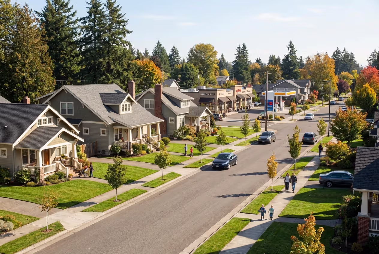 Suburban neighborhood with single-family homes and nearby shopping area