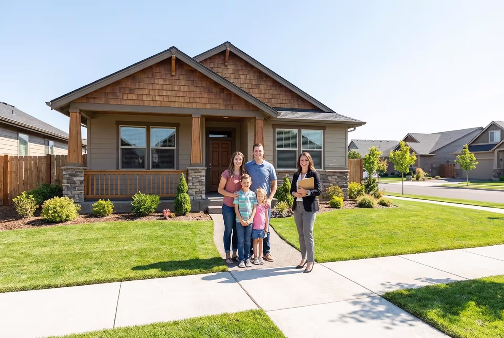 Young family standing outside a suburban home with a mortgage advisor