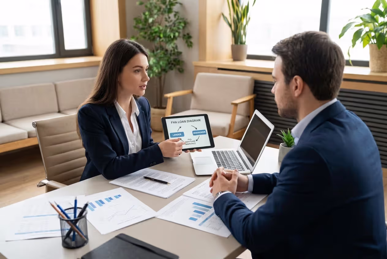 Mortgage advisor explaining FHA loan basics to a homebuyer