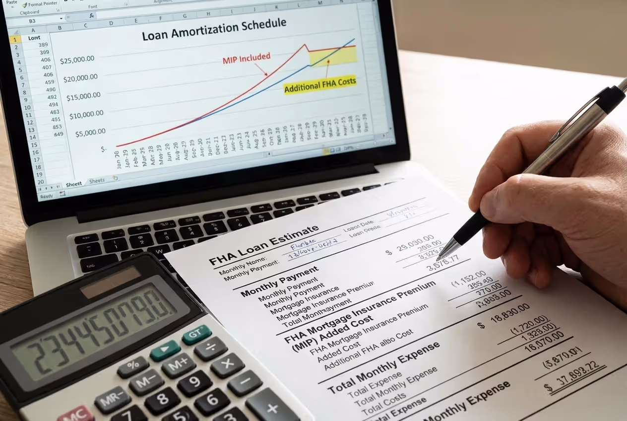 Calculator and mortgage cost sheet showing FHA insurance expenses