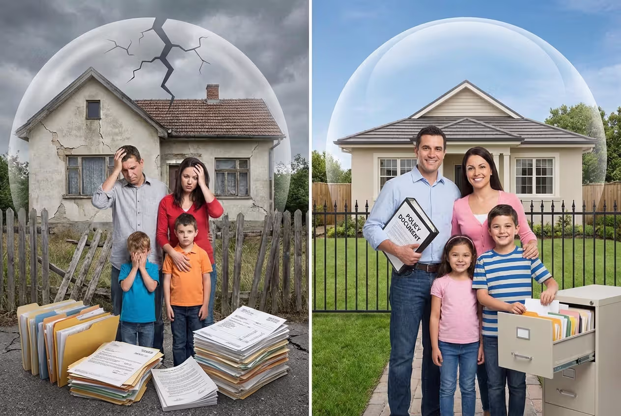 Family comparing underinsured and properly insured financial situations