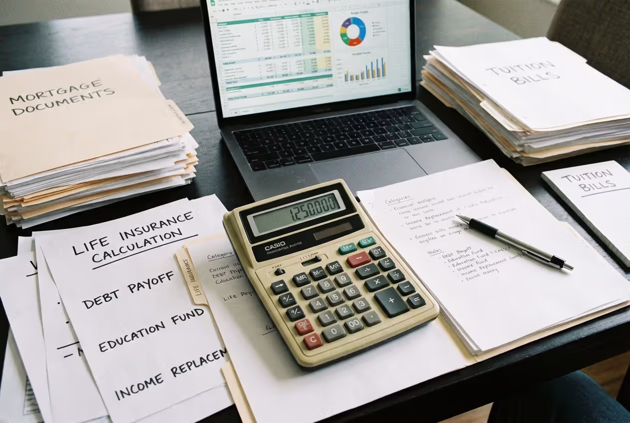 Financial planning desk with life insurance coverage calculation materials