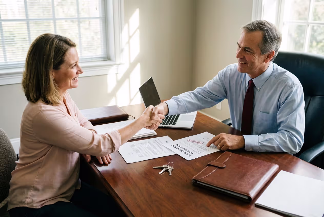 Home closing meeting with insurance paperwork and house keys