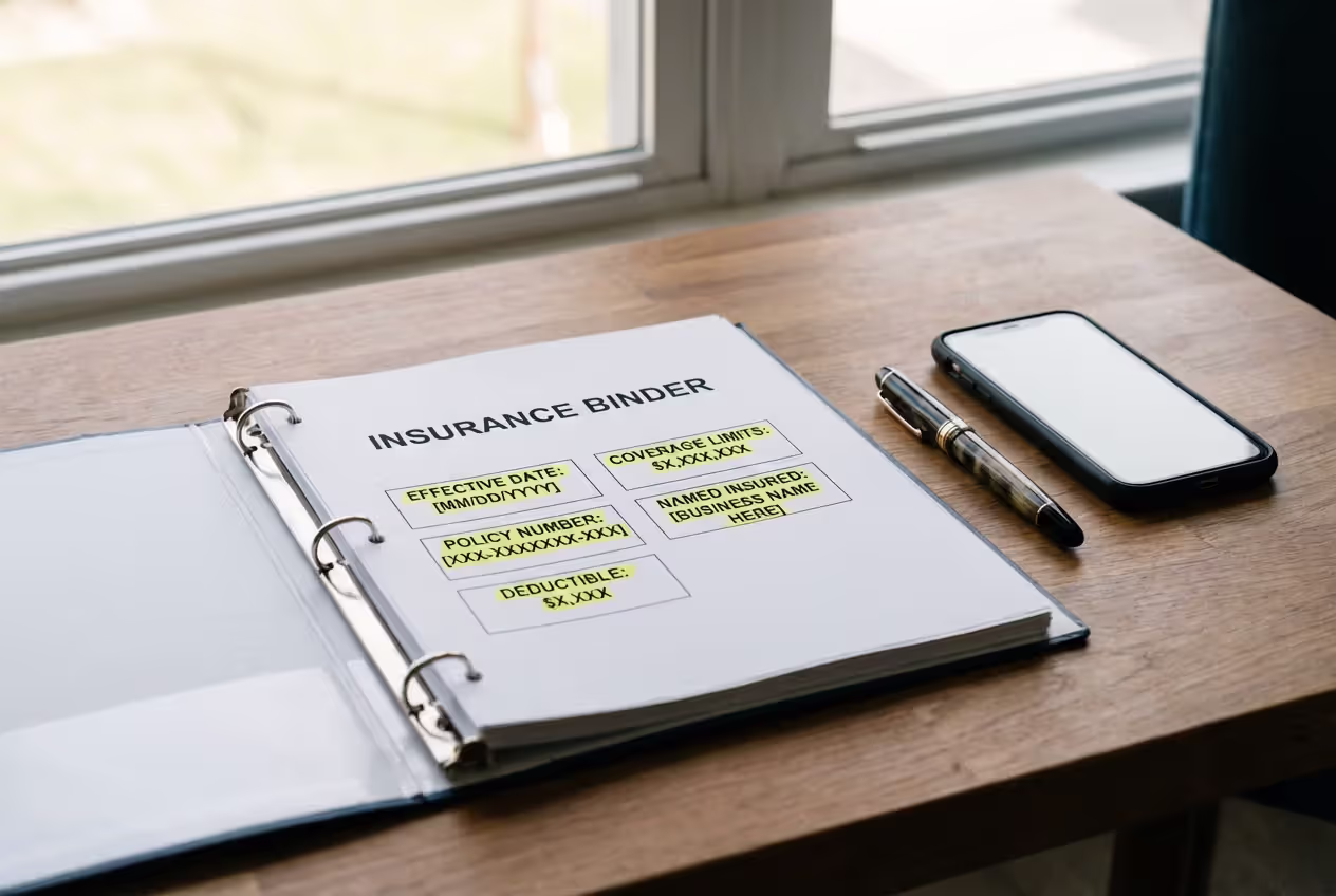 Insurance binder document showing coverage details on a desk