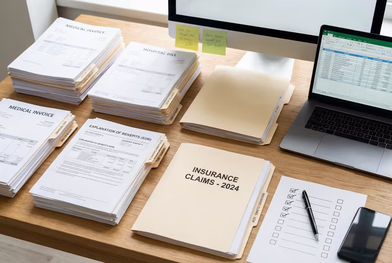 Organized insurance claim documents and medical bills on a desk