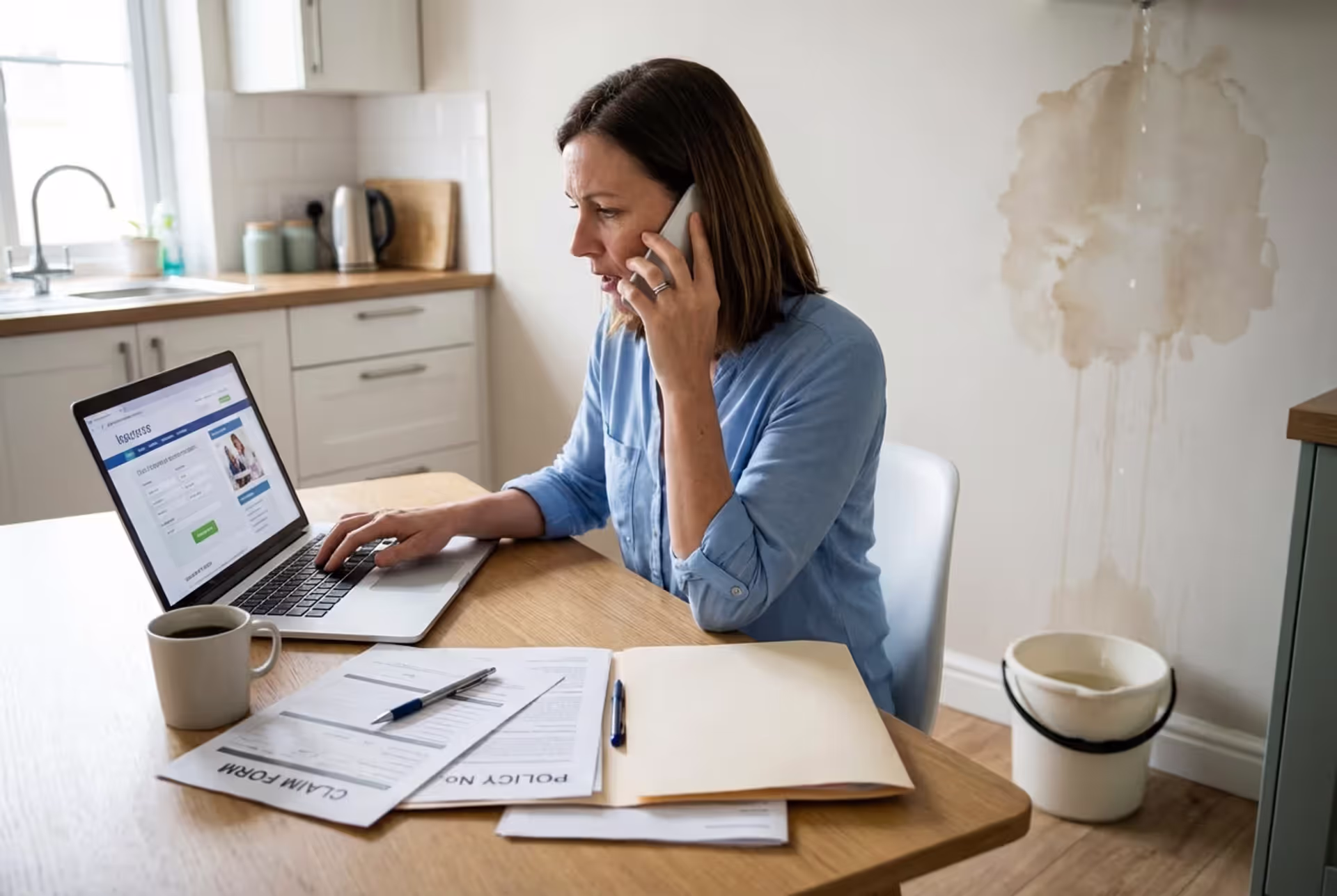 Person reviewing insurance documents at home after property damage