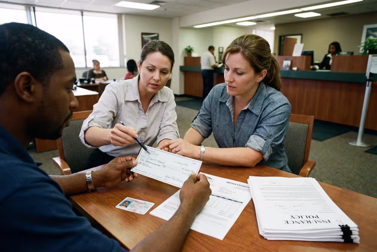 Bank representative reviewing an endorsed insurance claim check