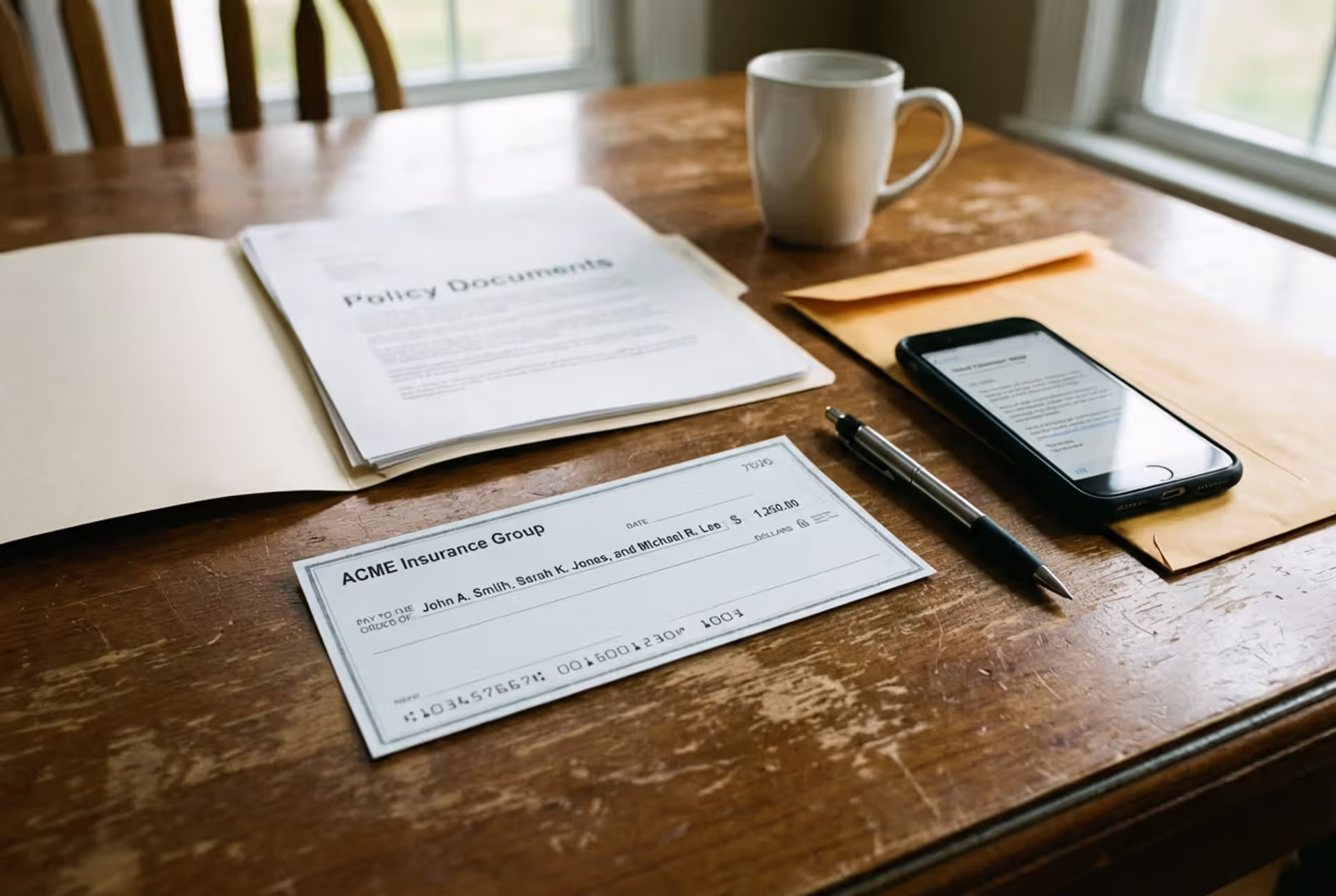 Insurance claim check with multiple payees on a desk
