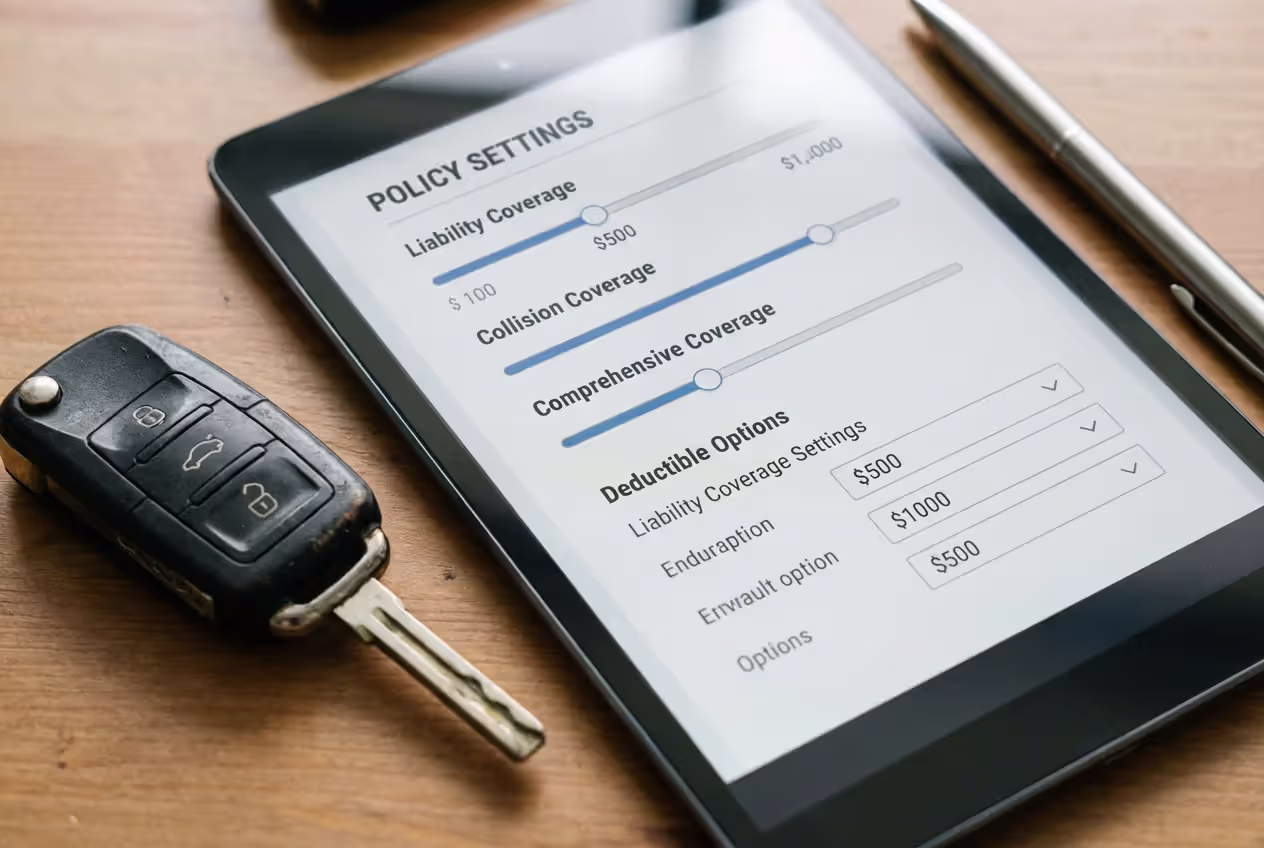 Auto insurance policy options shown on a tablet with car keys