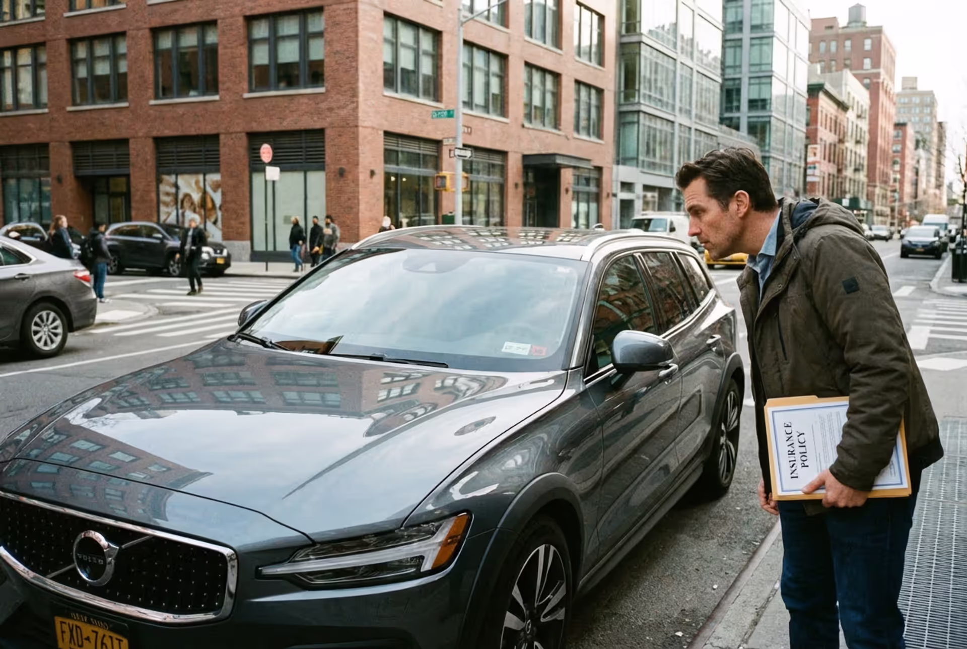 Driver standing near a car and reviewing an auto insurance policy