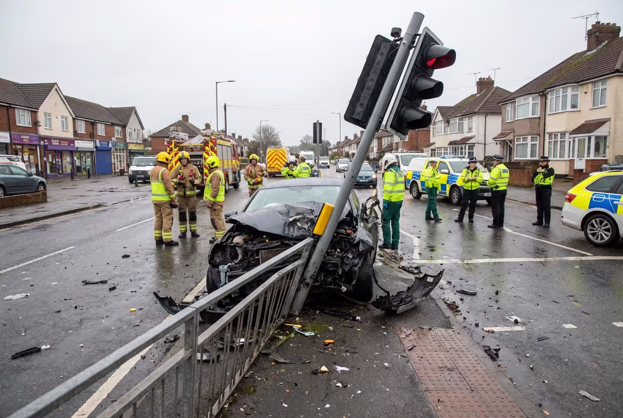 Car accident with damage to roadside infrastructure