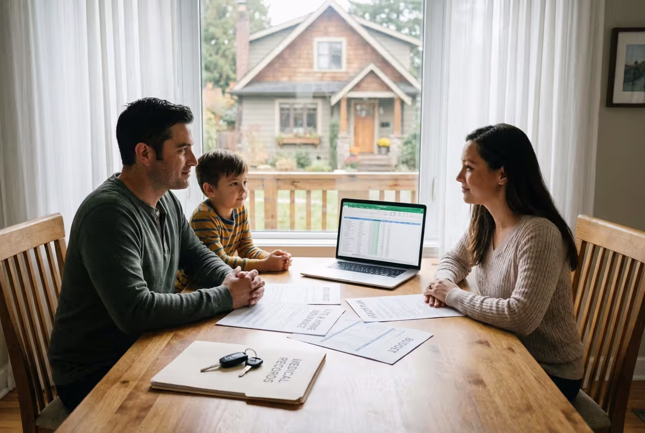 Family reviewing insurance and financial documents with a sense of security