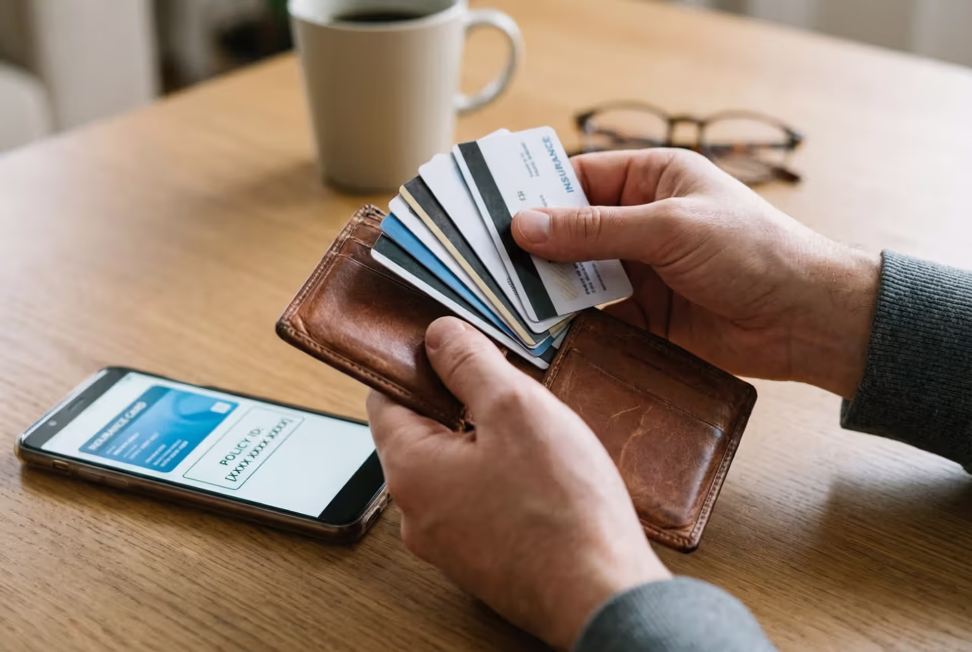 Person holding insurance cards and checking a policy number on a smartphone