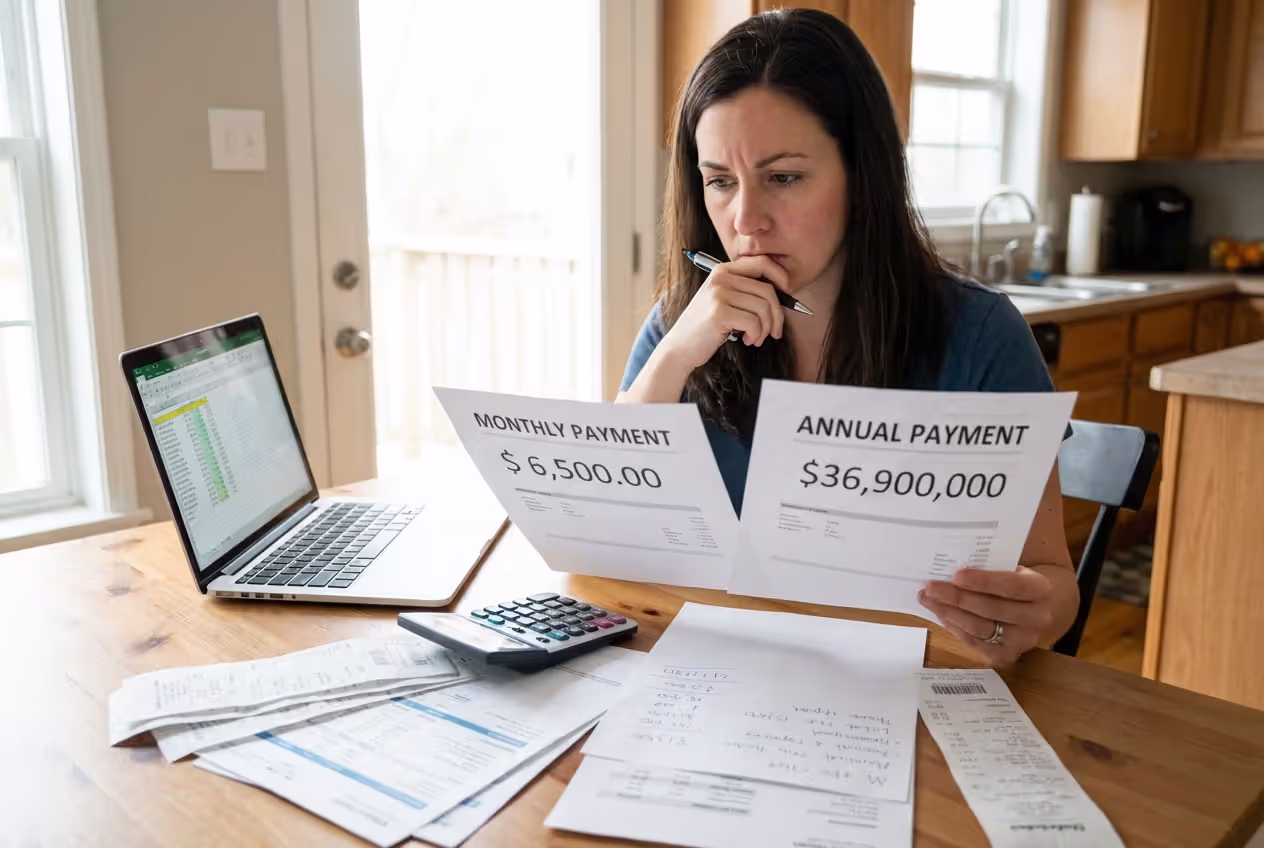 Woman comparing monthly and annual insurance payment costs