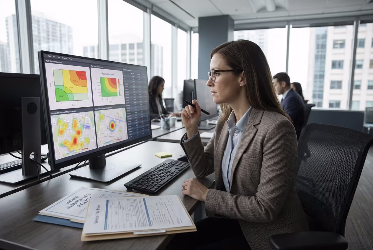 Insurance analyst reviewing risk data and pricing factors