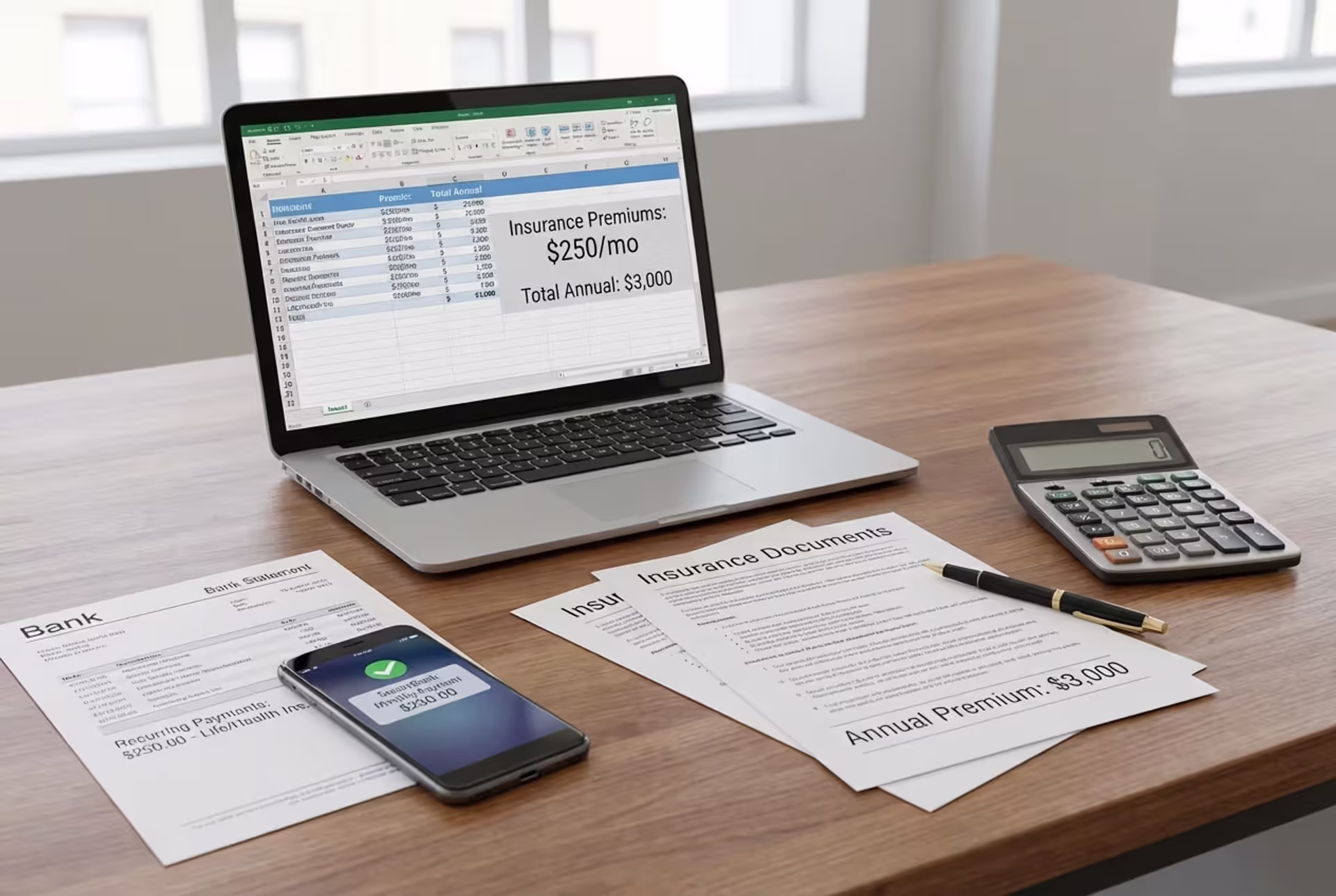 Insurance documents, bank statement, and calculator on a desk