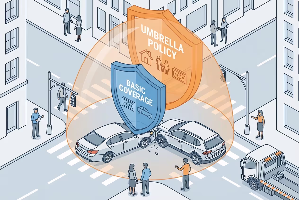 Car accident scene with layered liability insurance protection concept