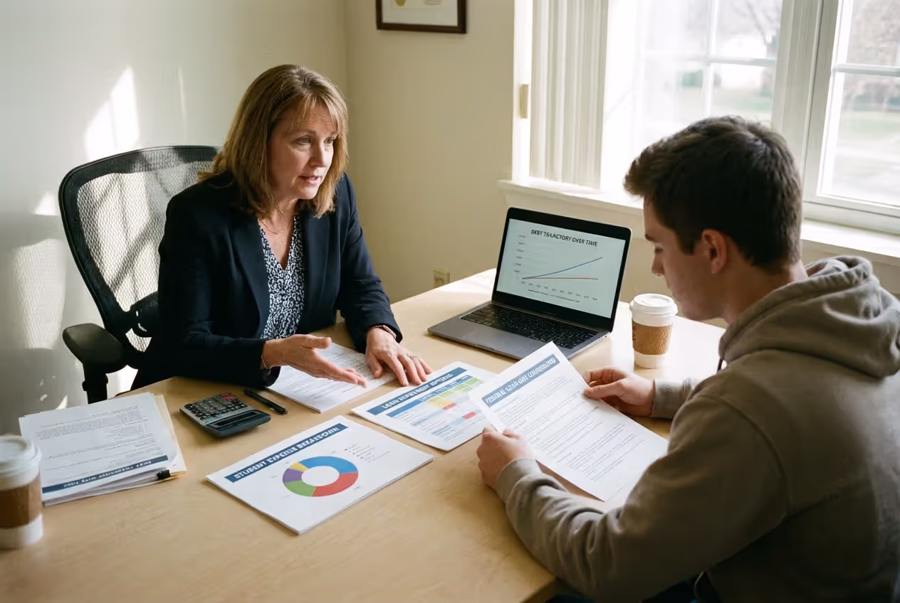 Financial aid advisor discussing graduate loan strategy with student
