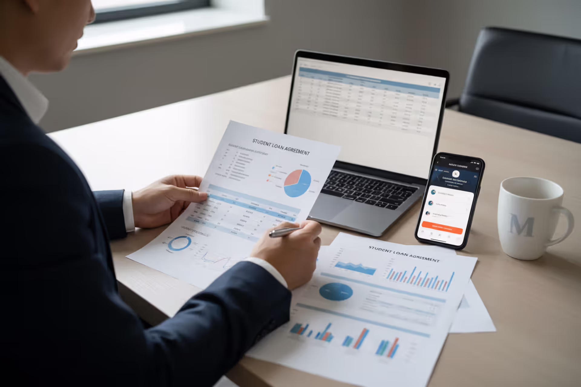Person reviewing federal student loan documents on a desk with laptop and phone