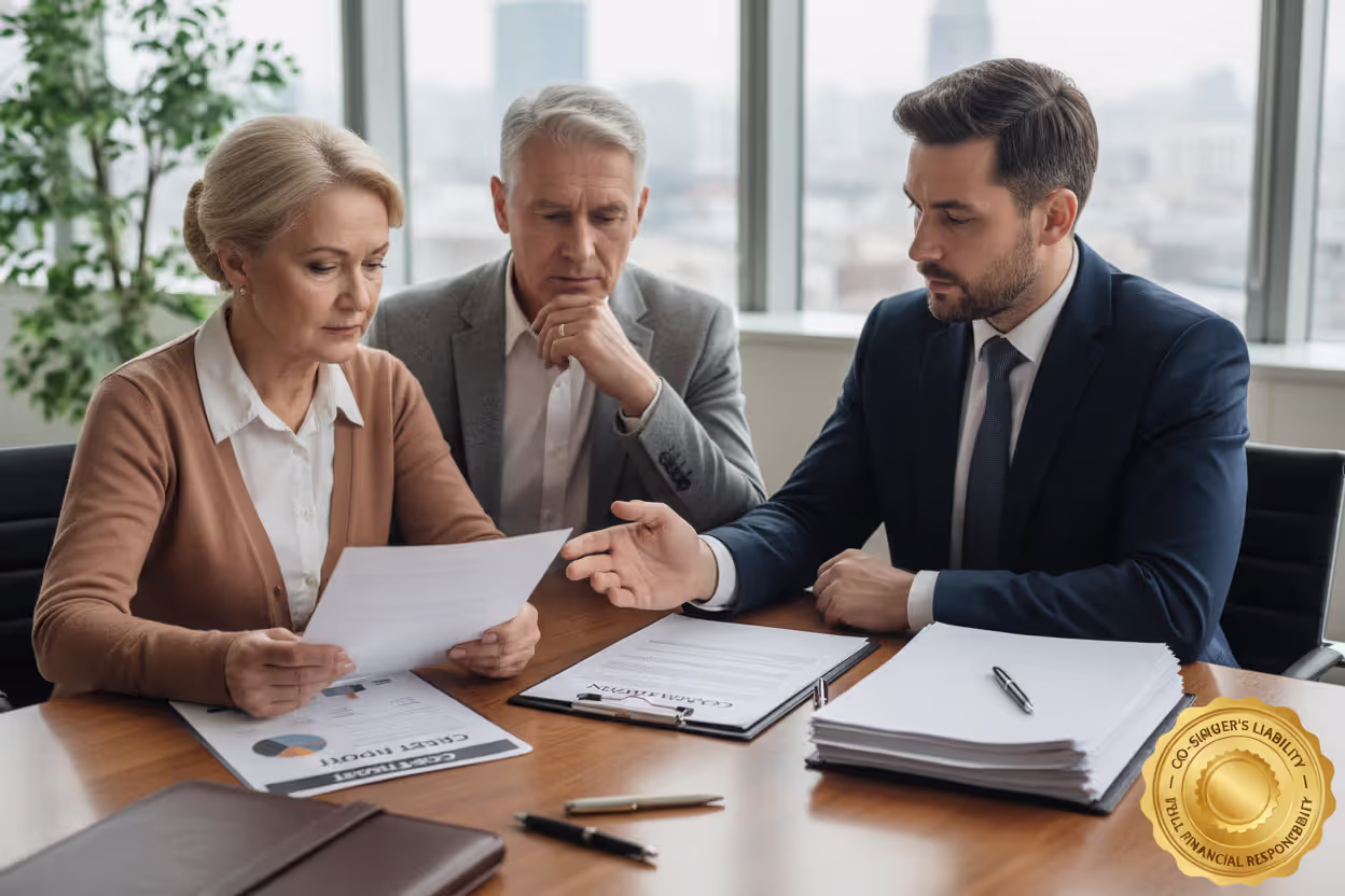 Cosigners reviewing loan liability with a financial advisor