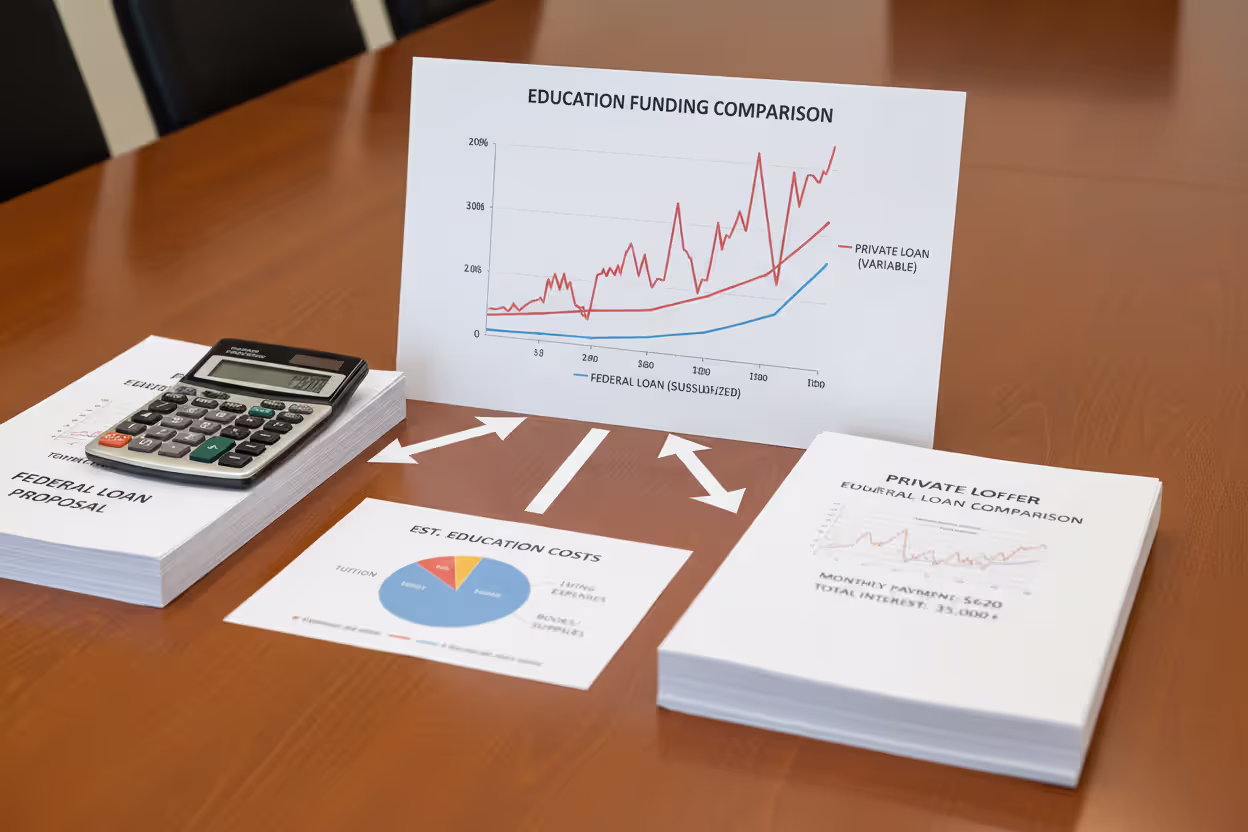 Comparison of education loan costs with calculator and financial documents