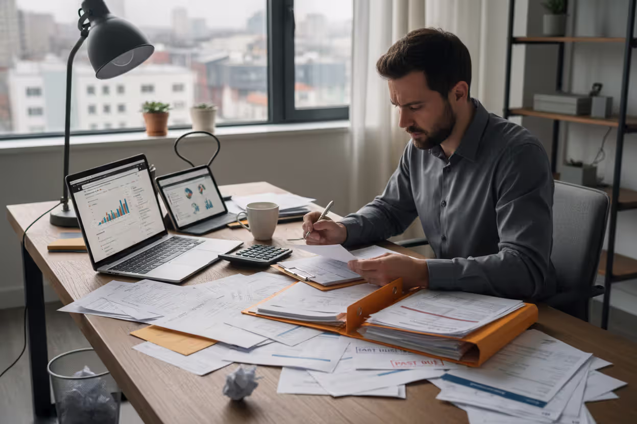 Borrower reviewing overdue loan notices at home