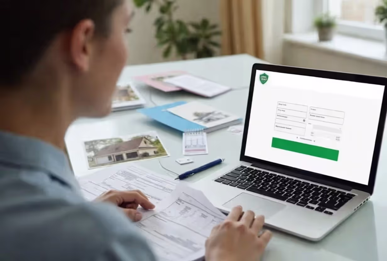 Person preparing disaster loan application with documents and laptop