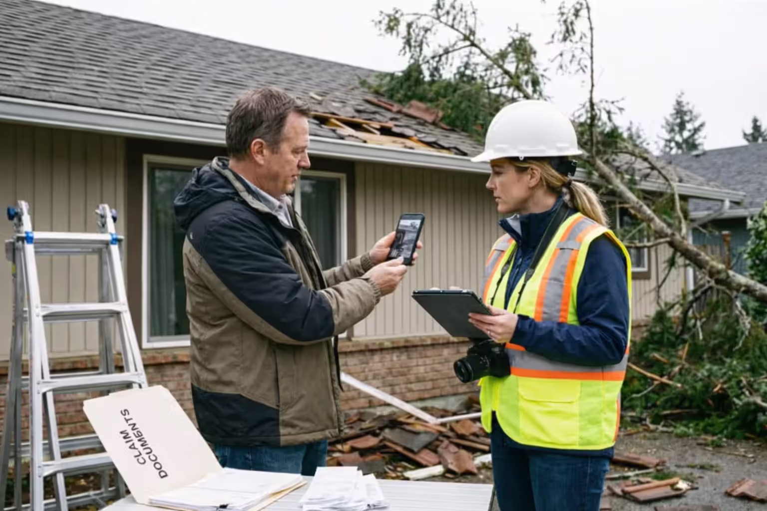 Insurance adjuster inspecting damage while policyholder documents a claim